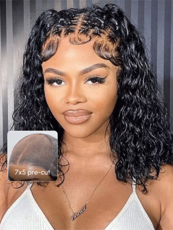 UNice Bye Bye Knots 7x5 Pre Cut Lace Bouncy Water Wave Glueless Bob Wig 150% Density - Image 2