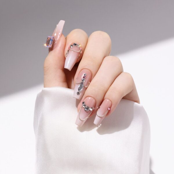Medium Coffin-Shaped Nude Full Swarovski Crystals Decor Fake Nails Wedding Series Handmade Press On Nails - Image 4