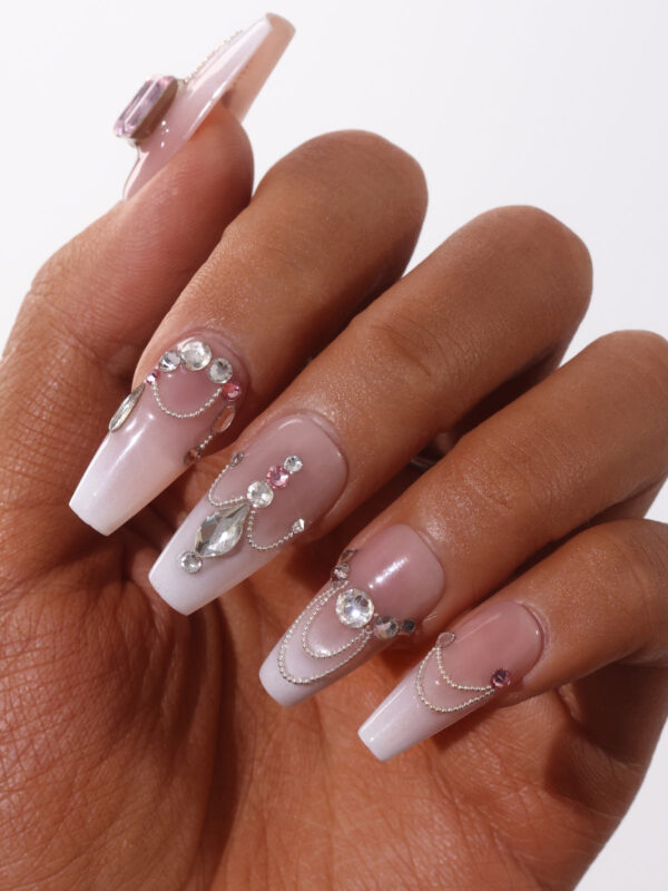 Medium Coffin-Shaped Nude Full Swarovski Crystals Decor Fake Nails Wedding Series Handmade Press On Nails - Image 5