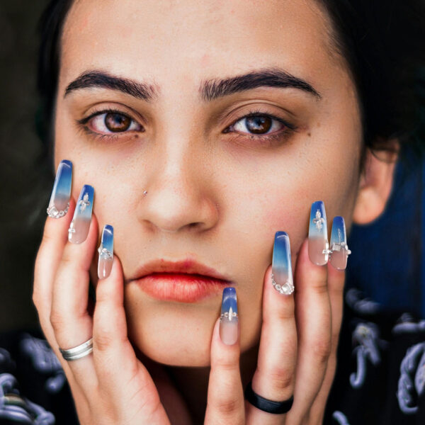 Luxury Slaon Nails Long Coffin-Shaped Glossy Blue Cat Eye Fine Flash Nail Design Swarovski Crystals Decor Handmade Press on Nails - Image 7