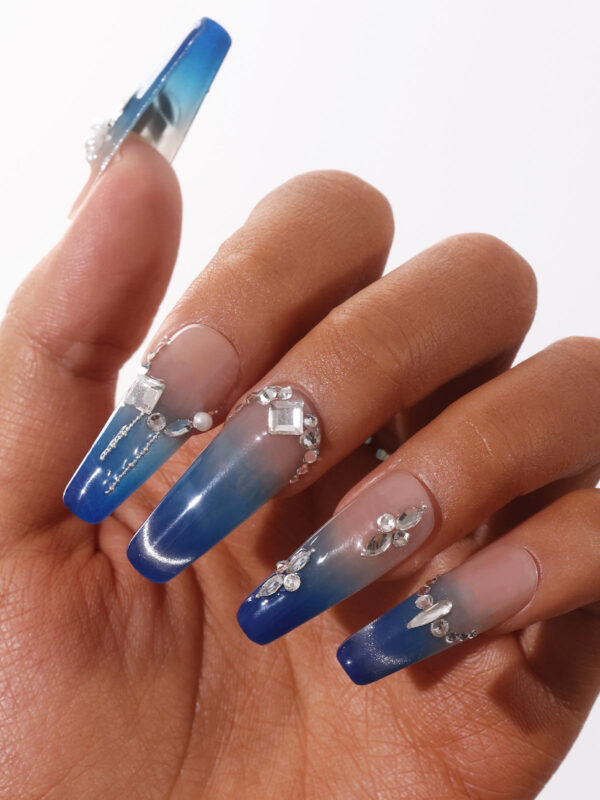Luxury Slaon Nails Long Coffin-Shaped Glossy Blue Cat Eye Fine Flash Nail Design Swarovski Crystals Decor Handmade Press on Nails - Image 6