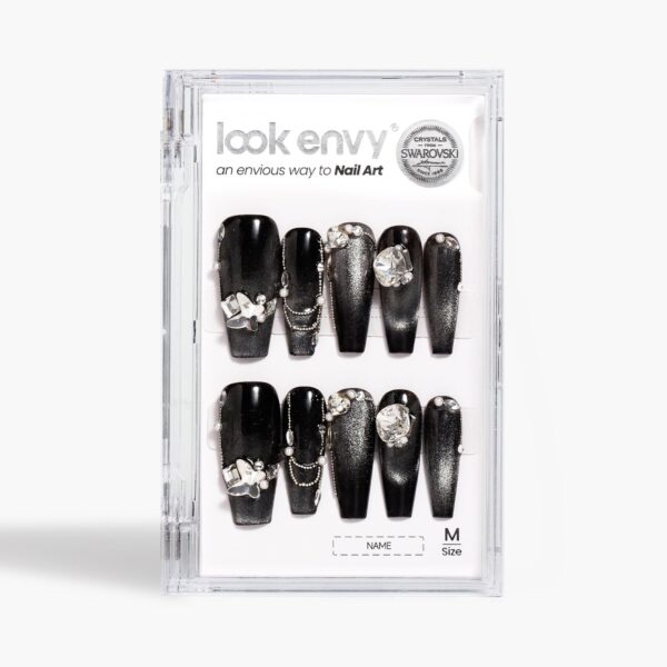 Extra-Long Coffin-Shaped Fake Nail Gradient Black Cat Eye Swarovski Crystals Decor Luxury Press On Nail Handmade Nail Art - Image 7