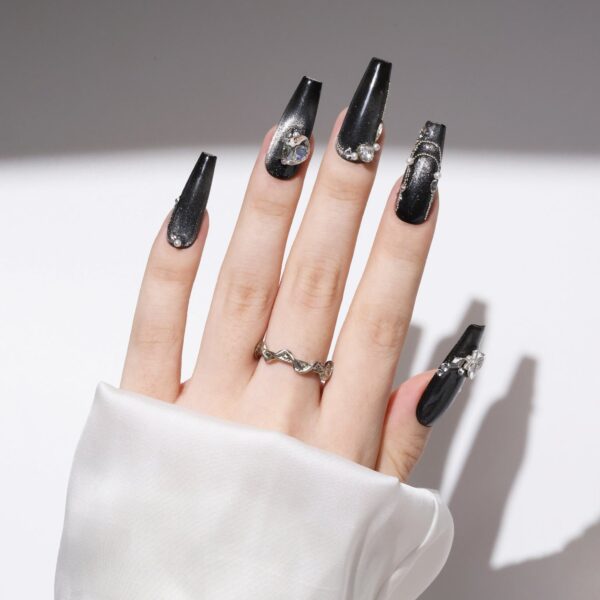 Extra-Long Coffin-Shaped Fake Nail Gradient Black Cat Eye Swarovski Crystals Decor Luxury Press On Nail Handmade Nail Art - Image 3