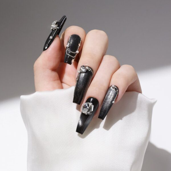 Extra-Long Coffin-Shaped Fake Nail Gradient Black Cat Eye Swarovski Crystals Decor Luxury Press On Nail Handmade Nail Art - Image 8