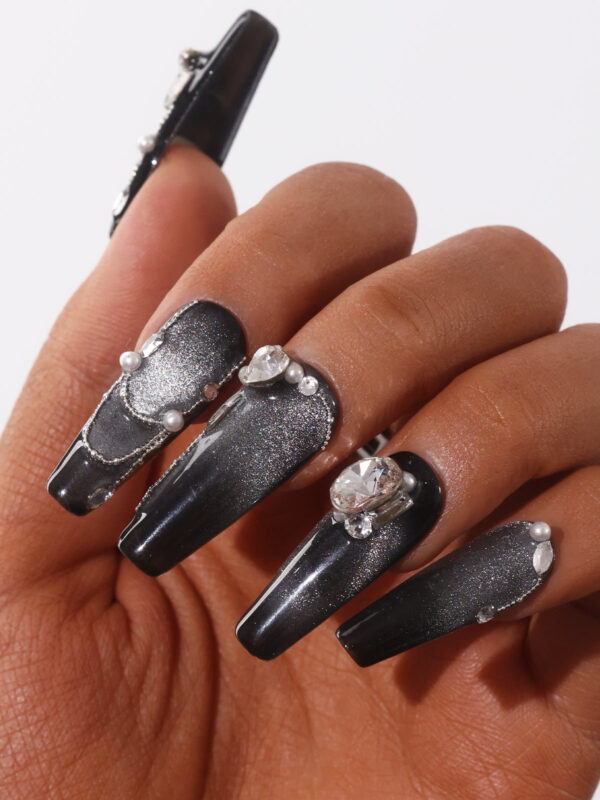 Extra-Long Coffin-Shaped Fake Nail Gradient Black Cat Eye Swarovski Crystals Decor Luxury Press On Nail Handmade Nail Art - Image 4