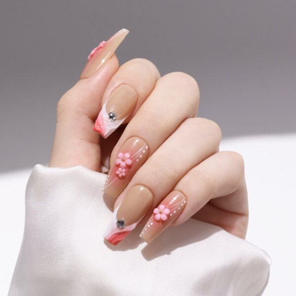 10pcs Medium Coffin-Shaped Featuring Gradient In Blush And Nude Color French 3D Flower Pearl Nail Art Set - Image 8